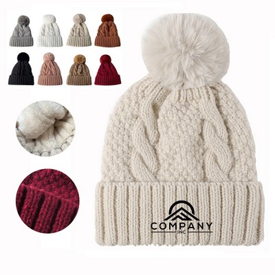 Knitted Hats Warm Plain Women Winter Faux Fur Ball Pom Pom Fashion Beanie Hat